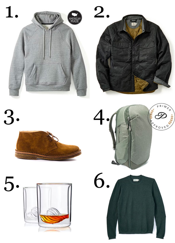 1. sweatshirt, 2 waxed jacket, 3 chukka boots 4 backpack 5 whiskey glasses 6 crewneck sweater from huckberry