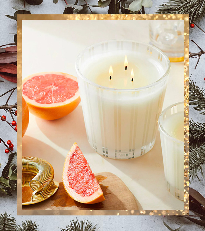 image of a three wick candle and pieces of fruit