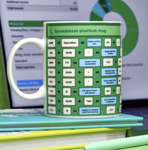 a ceramic mug with keyboard computer spreadsheet shortcut key guide
