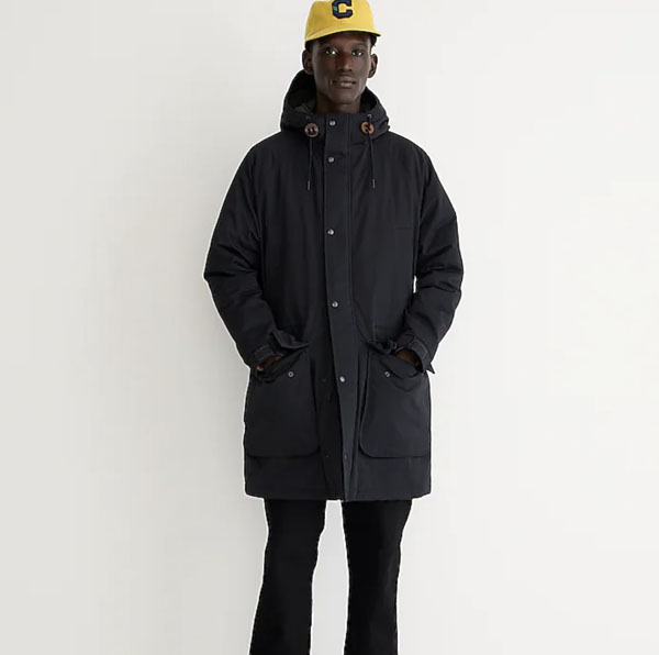 man wearing knee length parka