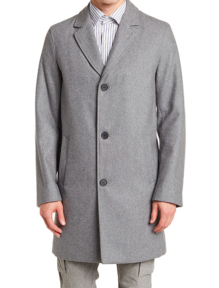 Cole-Haan-Wool-Blend-Melton-Classic-Topper a man wearing a long grey topper coat