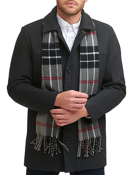 Dockers-Men's-Weston-Wool-Blend-Scarf-Coat a man wearing a wool blend car coat with scarf
