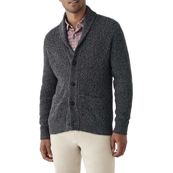 a man wearing a cotton cashmere shawl collar cardigan