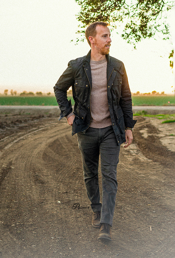 waxed canvas thigh length jacket outfit with cashmere sweater