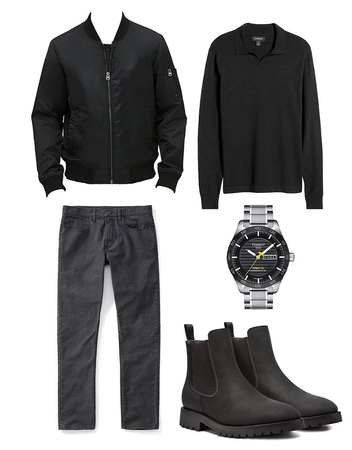 casual outfit inspo for men featuring black bomber jacket, sweater polo, grey jeans, tissot watch, black chelsea boots, tom ford cologne, grey socks