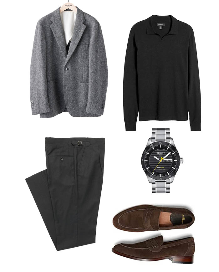 tweed blazer, sweater polo, gray dress pants, tissot watch, brown suede loafers