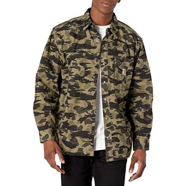 a man wearing a camo pattern shirt jacket