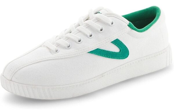 a white canvas sneaker with green side design
