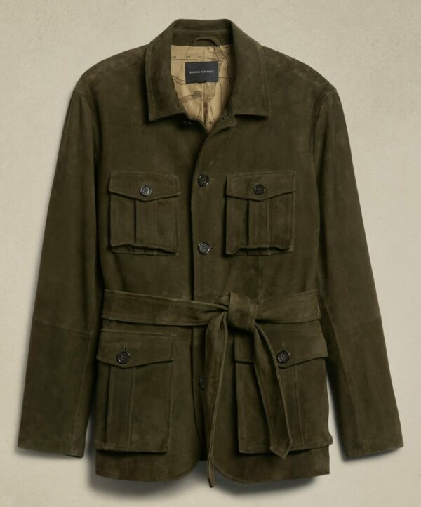 a suede jacket with tie waist style belt