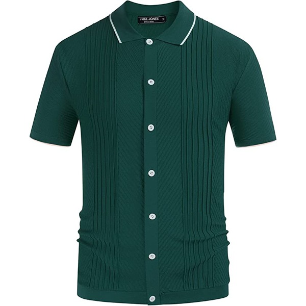 a short sleeve button front knit polo shirt