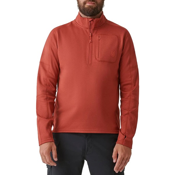 man wearing a half zip knitted pullover long sleeve shirt