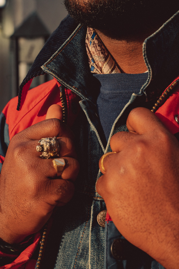 close up of spring layers in a men's outfit