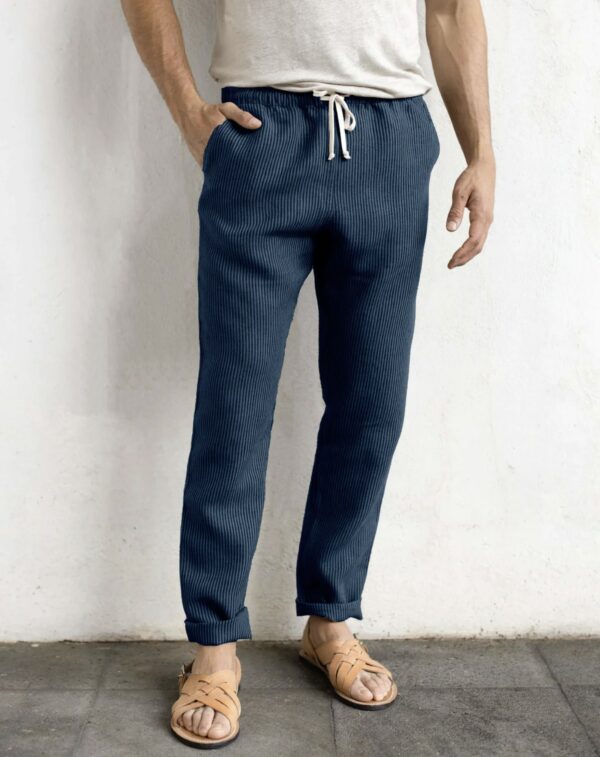 man wearing drawstring waist linen pant with sandals