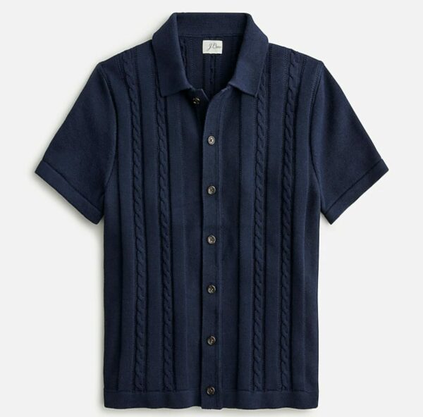 a cable knit cardigan sweater polo shirt with short sleeves