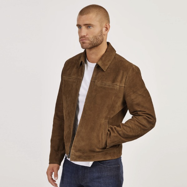 man wearing a zip front suede jacket with a crew neck shirt