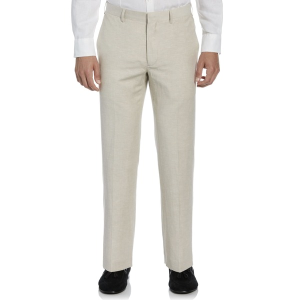a man wearing linen blend flat front pants with dress shoes