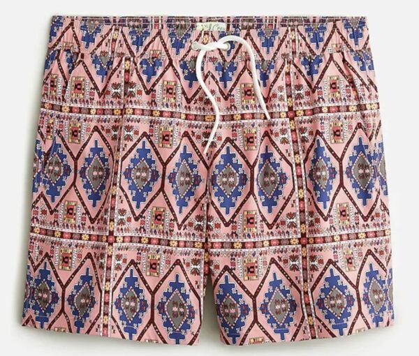 pink multi color print swim trunk with drawstring waist