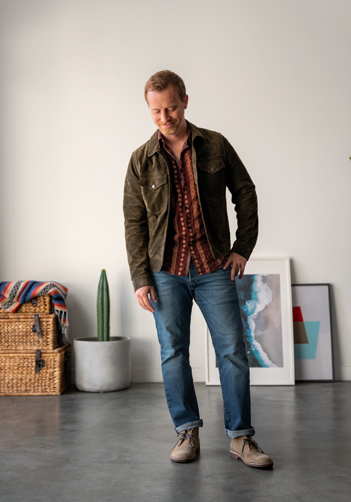 todd snyder dylan suede jacket review with red shirt, 501 levis and clarks