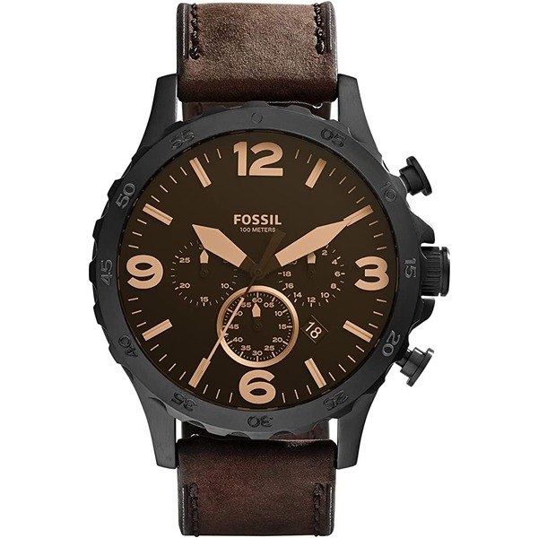 fossil leather and steel chronograph watch