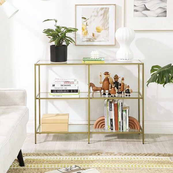 metal sofa side table with assorted items on the shelves