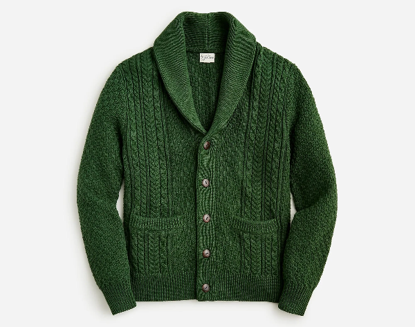 a cable knit shawl collar sweater