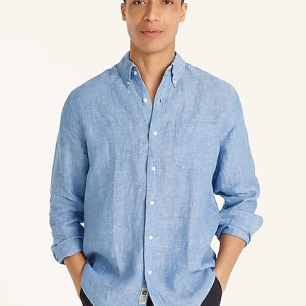 a man wearing a long sleeve irish linen shirt