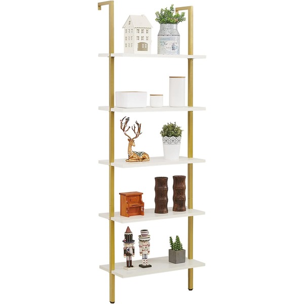 a ladder shelf with assorted decor items