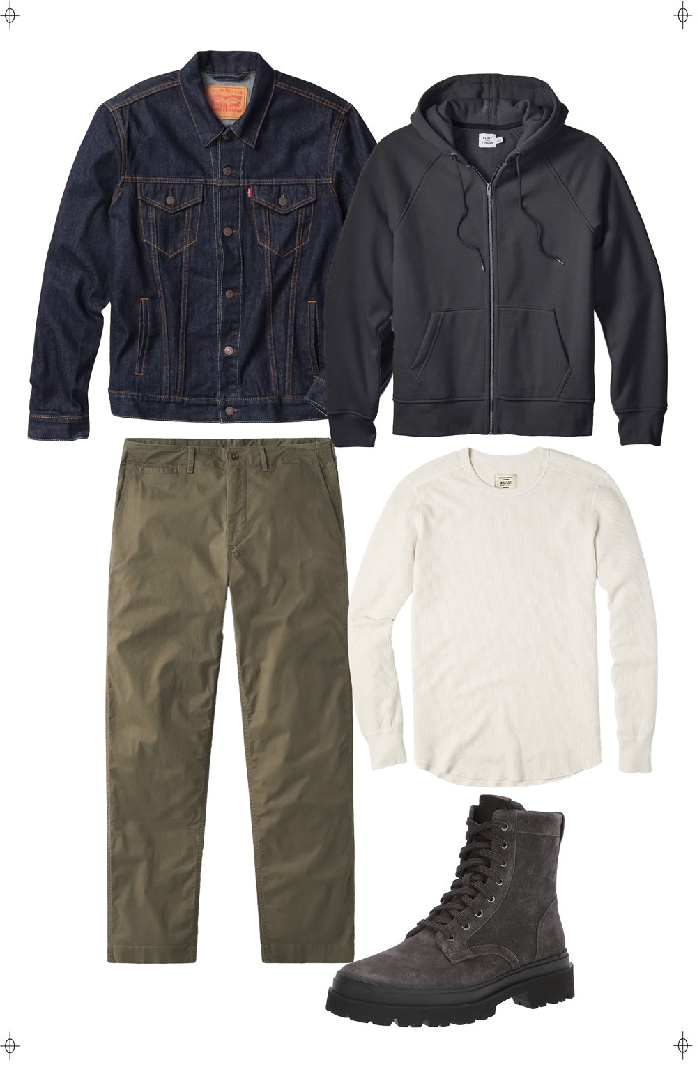 fall outfit collage of a men's outfit with a denim jacket, black hoodie, white thermal, olive chinos and gray suede boos