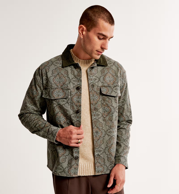 man wearing paisley olive shirt jacket