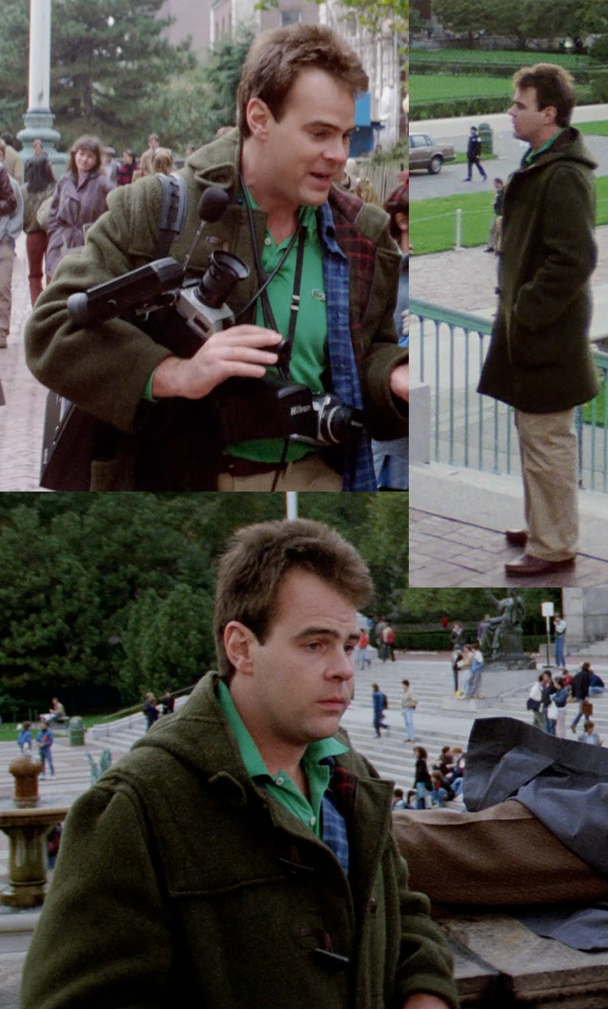 Collage of a ray stantz in Ghostbusters wearing a green duffel coat with toggle fastenings, shown in three different poses: holding a camera and equipment, standing in profile, and looking off into the distance in an outdoor setting