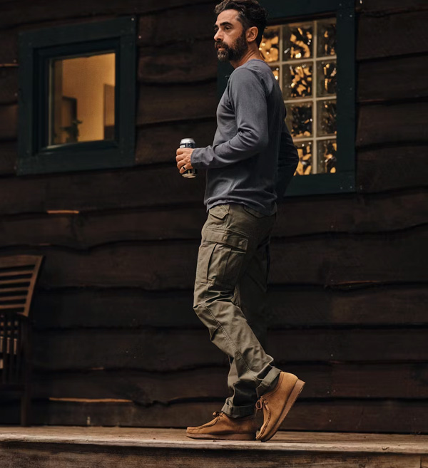 man wearing relwen cargo pants