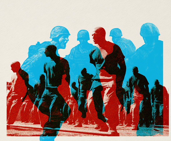 risograph of two overlaid images of soldiers in bootcamp, one with a yelling superior officer
