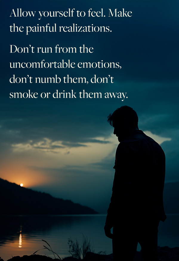 A silhouette of a person standing by a body of water at dusk, with the setting sun creating a warm glow on the horizon. Reflected light dances on the water's surface. Overlaid text offers advice on emotional health, urging the reader to confront rather than avoid difficult feelings without resorting to substances for escape.
