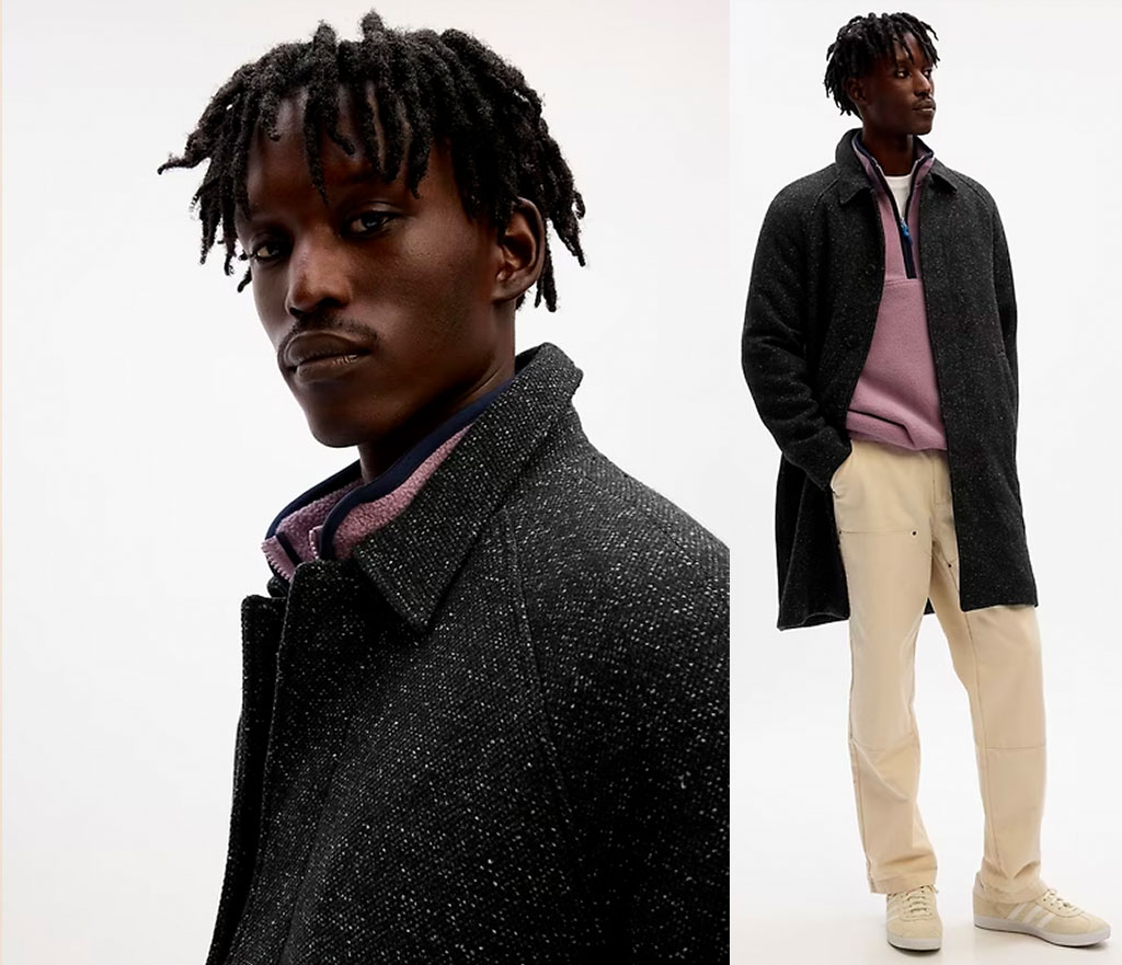 two product images of a man wearing a black and white speckled wool car coat with a spread collar that falls mid-thigh