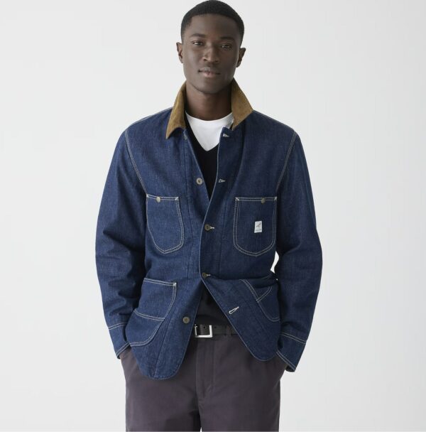 man wearing a denim chore jacket and pants