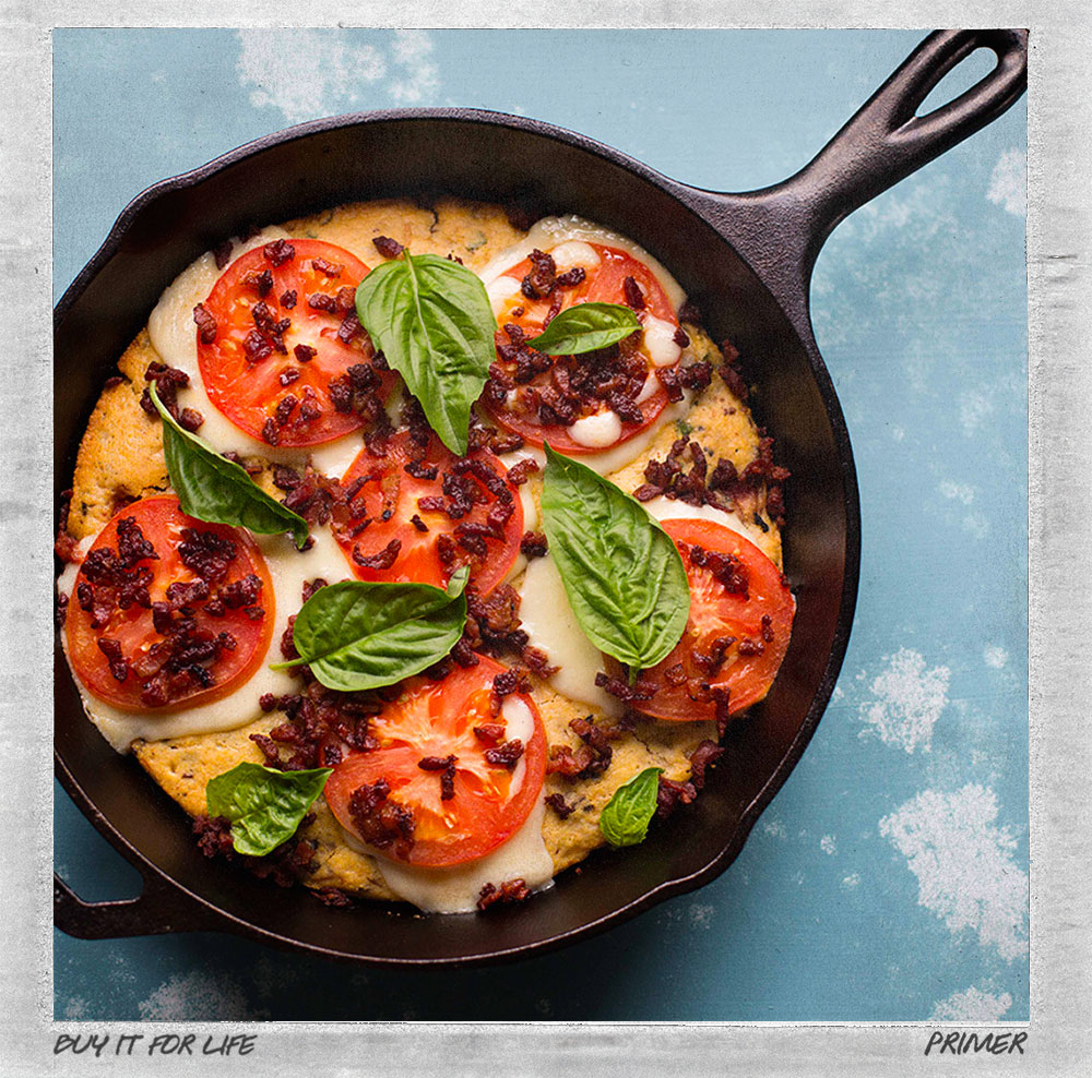 lodg cast iron skillet on blue background