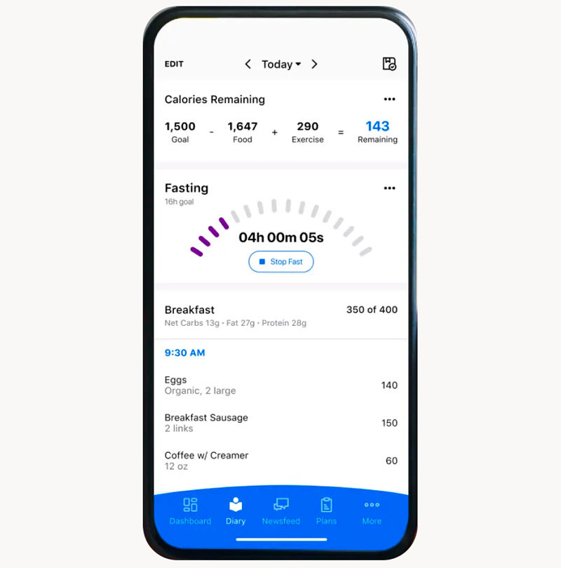 mockup of MyFitnessPal app UI indicating calorie counting, fasting timer, and food logging