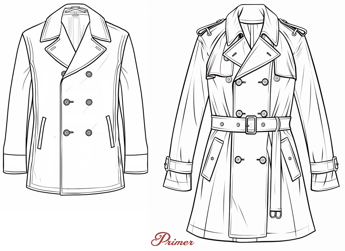 an illustration of two coats, on the left a shorter less ornate pea coat and on the right, a longer more detailed trench coat with belt and buckles.