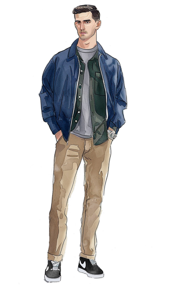 illustration of a man wearing a blue jacket, green shirt, gray t-shirt, tan chinos, and black nike blazer high tops
