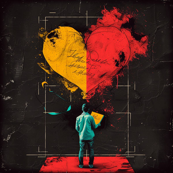 a collage of a heart with words of affirmation on it and a man standing looking at it