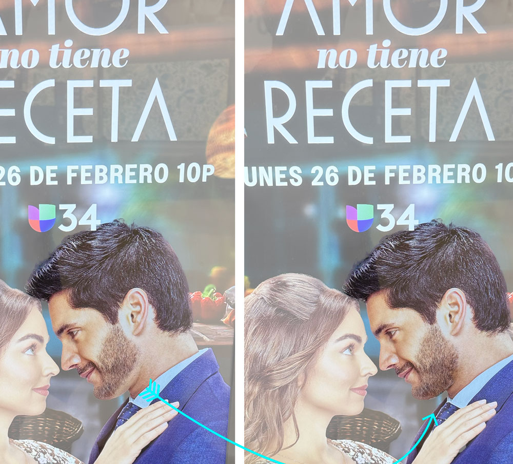 two side by side images Left: A beard shaved too high on the neck Right: Photoshopped to show how leaving the hair on your chin draws the eye up