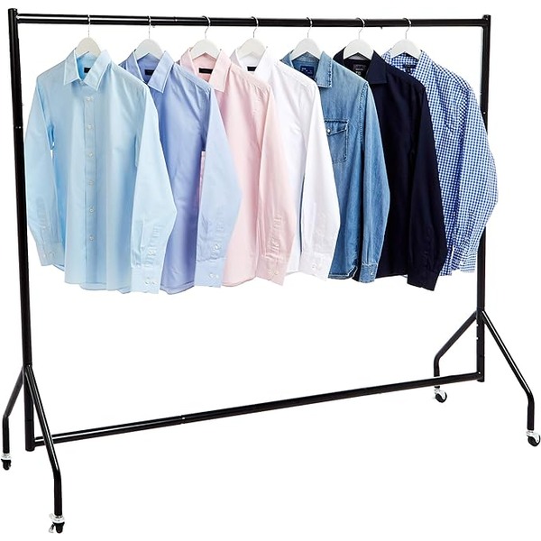 a rolling rack garment organizer with several mens shirts hanging