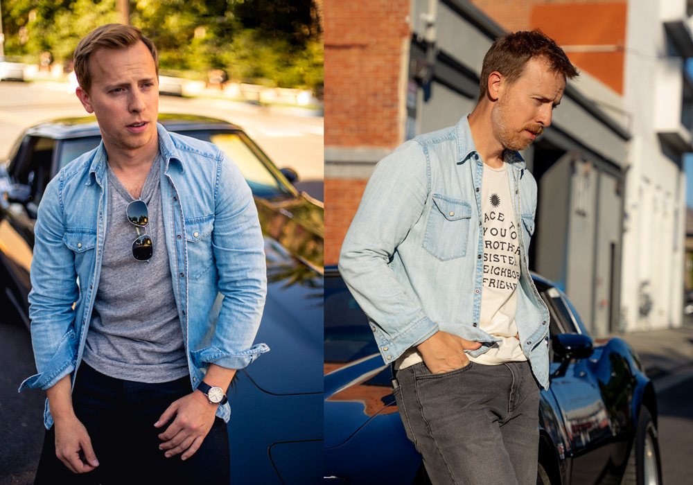andrew wearing a denim shirt in 2016 and now