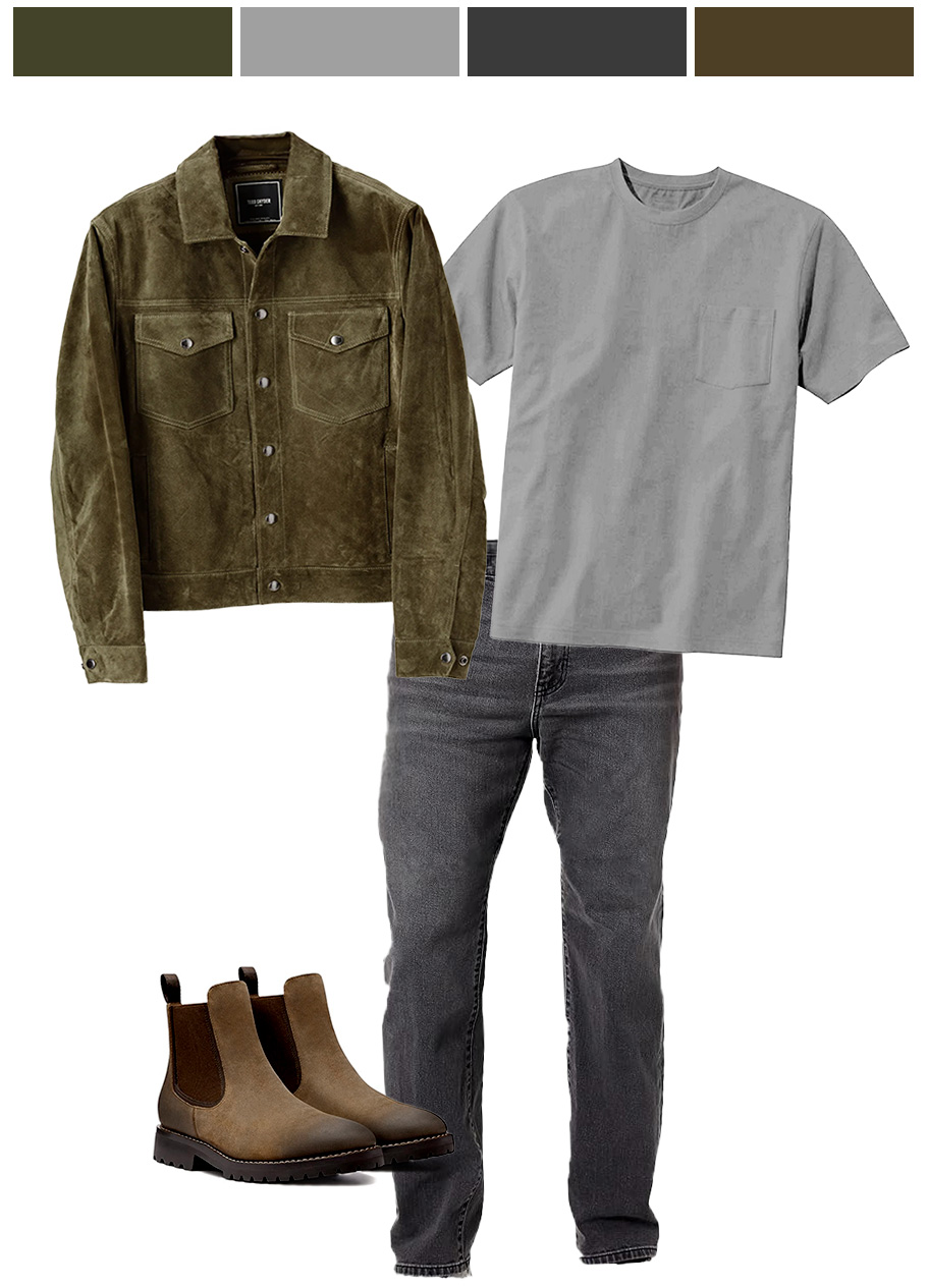 a mens outfit styled with a crew neck shirt denim jeans a suede jacket and chukka style boots