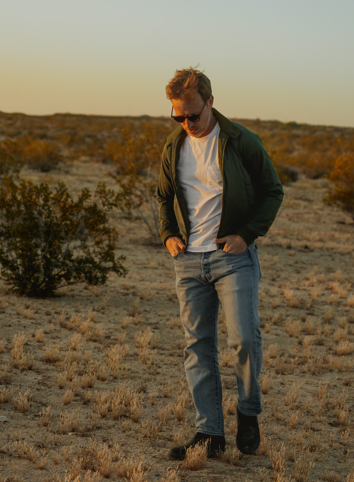 green harrington jacket with white t-shirt and levi's 501