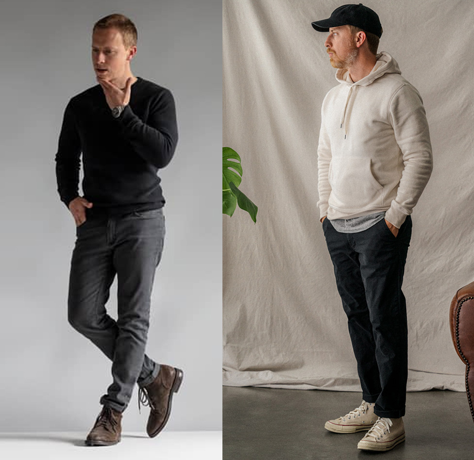 Two men are standing in separate photos side by side. The man on the left is dressed in a black sweater, dark gray jeans, and brown lace-up boots. He has short hair and is posed thoughtfully with one hand on his chin and the other in his pocket against a plain gray background. The man on the right is wearing a white hoodie, black pants, and beige high-top sneakers. He is also wearing a black baseball cap and has a short beard. He is standing in front of a light-colored draped fabric backdrop, with part of a green plant visible to the left and an armchair on the right.