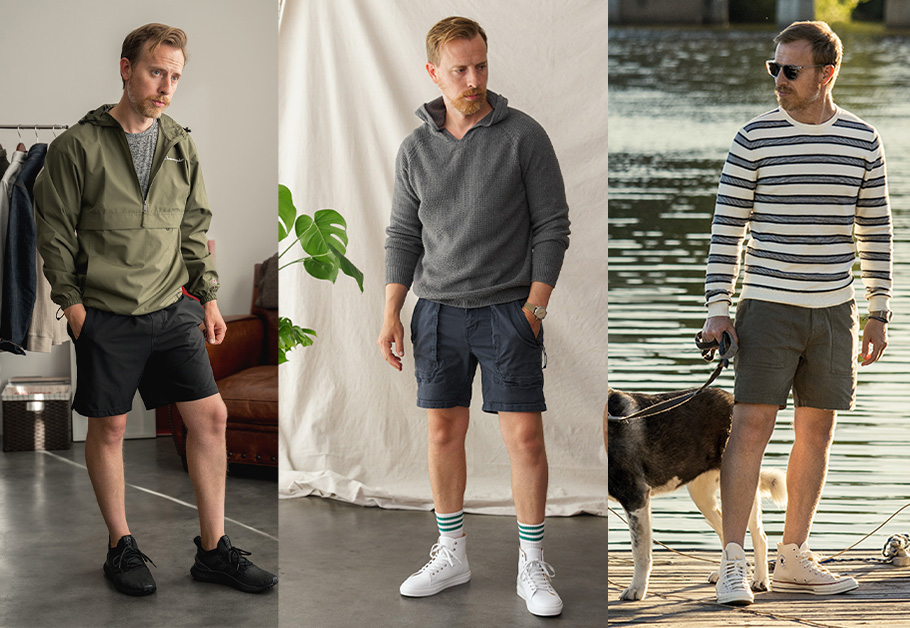two photos of a man wearing ankle socks with sneakers and shorts and a third wearing crew socks
