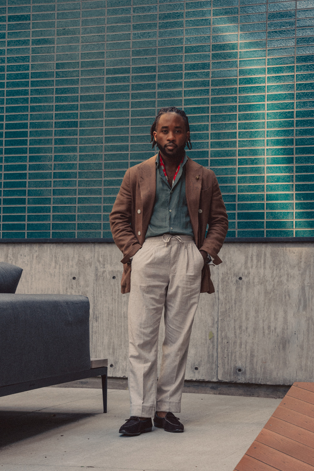 daniel baraka wearing linen pants