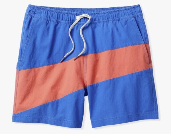 a swim trunk with drawstring waist and colorblock style and five inch inseam