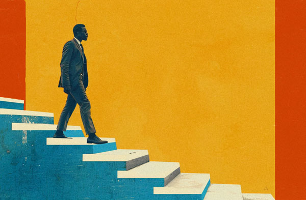 collage of man walking on stairs